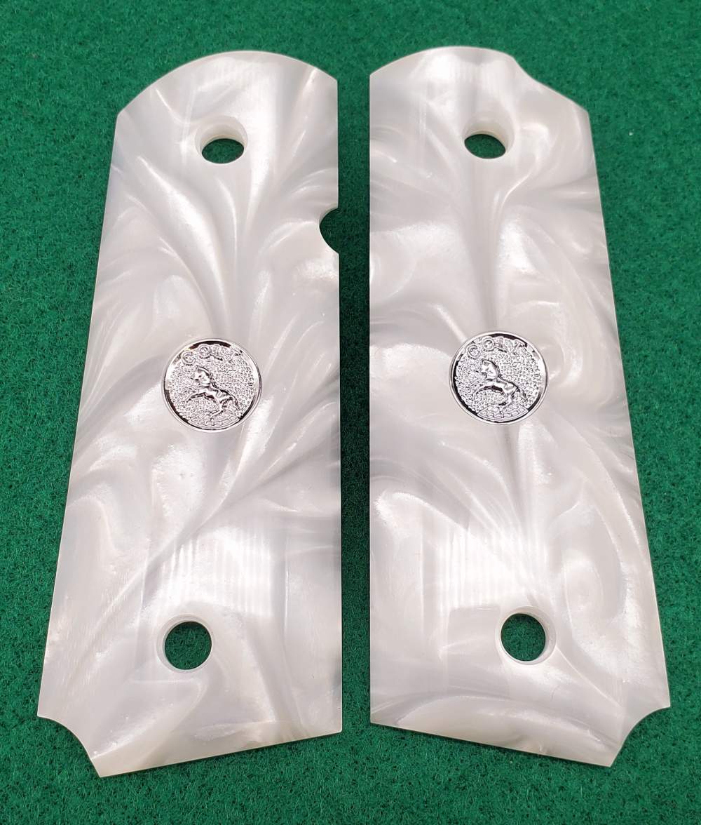 Compact 1911 Faux Pearl white Grips Colt silver Medallion Officer Defender-img-0