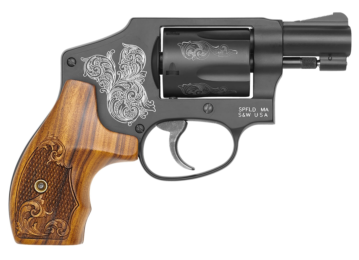 150785 Smith and Wesson 442 Engraved 38 Special 1 7/8" 5rd Matte Black-img-0