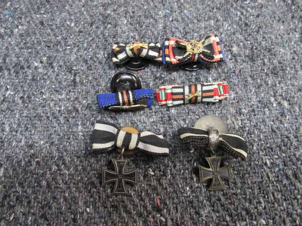 6-ORIGINAL WWI/WWII GERMAN BUTTONHOLE RIBBONS; WAR MERIT CROSS, IRON CROSS-img-0