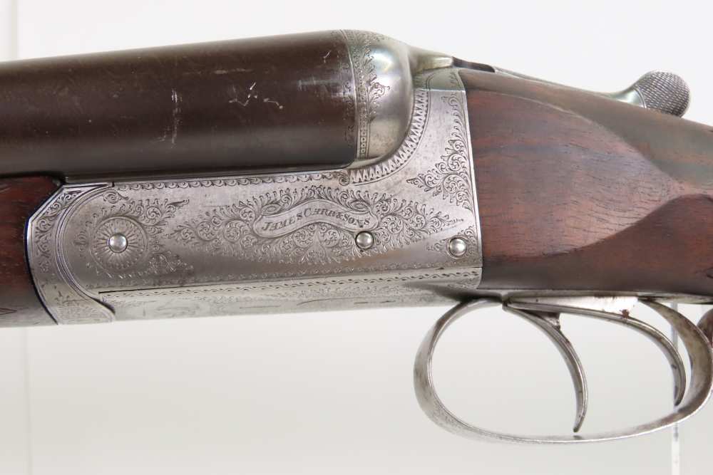 ENGRAVED British JAMES CARR & SONS Side x Side C&R HAMMERLESS 12 g. Shotgun-img-20