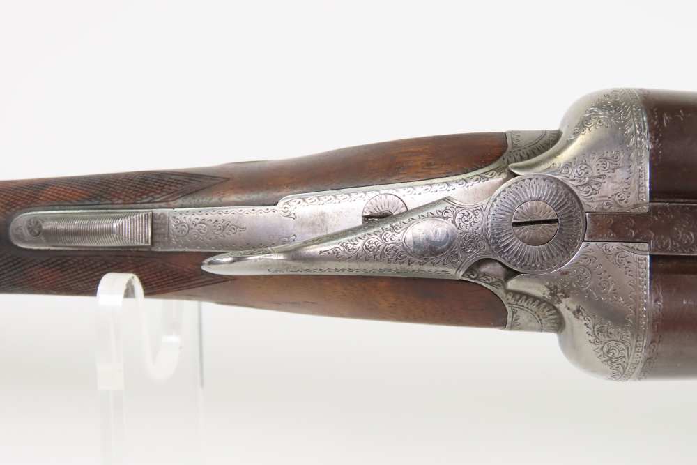 ENGRAVED British JAMES CARR & SONS Side x Side C&R HAMMERLESS 12 g. Shotgun-img-12