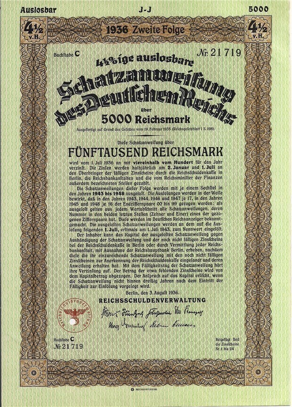German Treasury Loan 5000 Reichsmark 1936 with swastika-img-0
