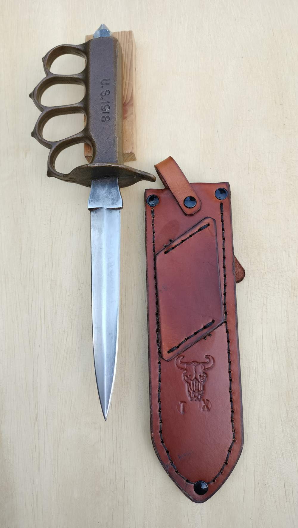 WW1 Trench Brass 1918 Knife Leather Sheath CD Golden Brown -img-5
