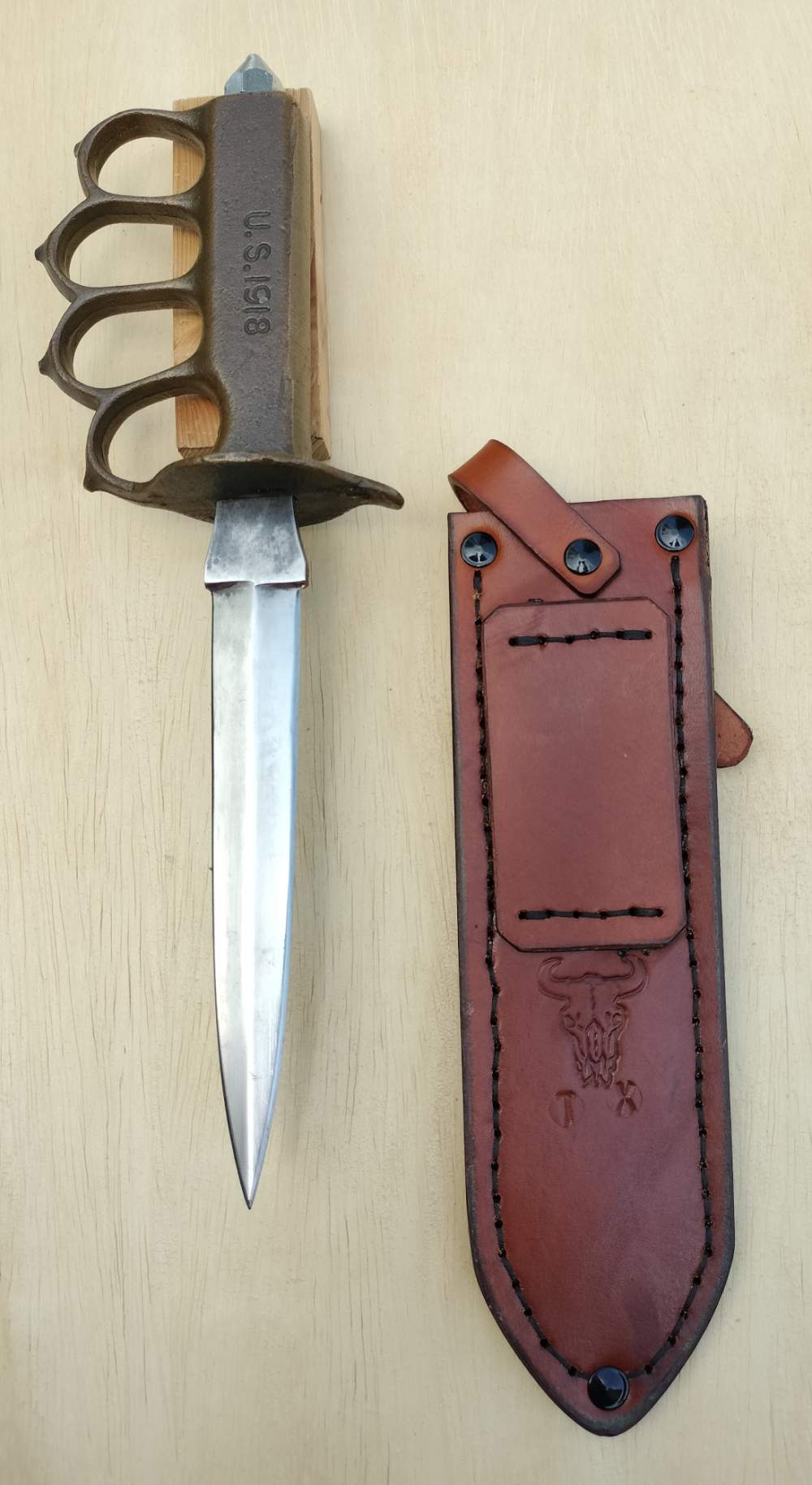 WW1 Trench Brass 1918 Knife Leather Sheath ST Golden Brown-img-3