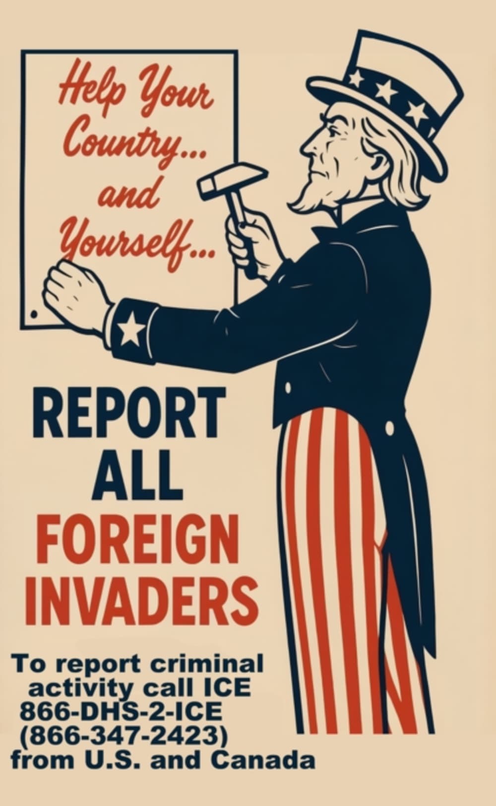 NEW poster/print Uncle Sam says REPORT ALL FOREIGN INVADERS Illegal Aliens -img-0