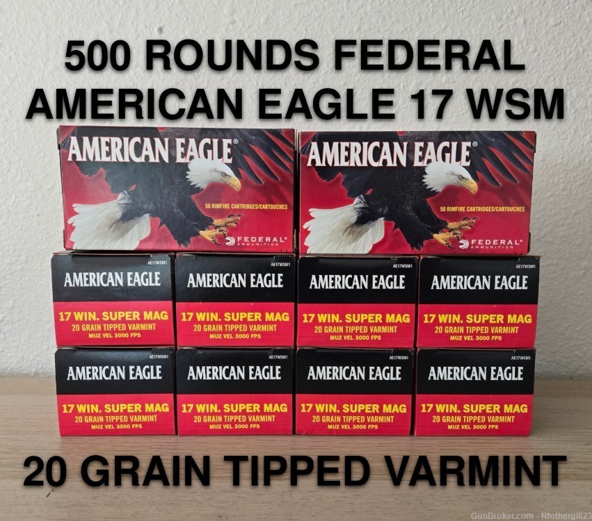 500 Rounds Federal American Eagle 17 WSM 20 Grain Tipped Varmint AE17WSM1-img-0