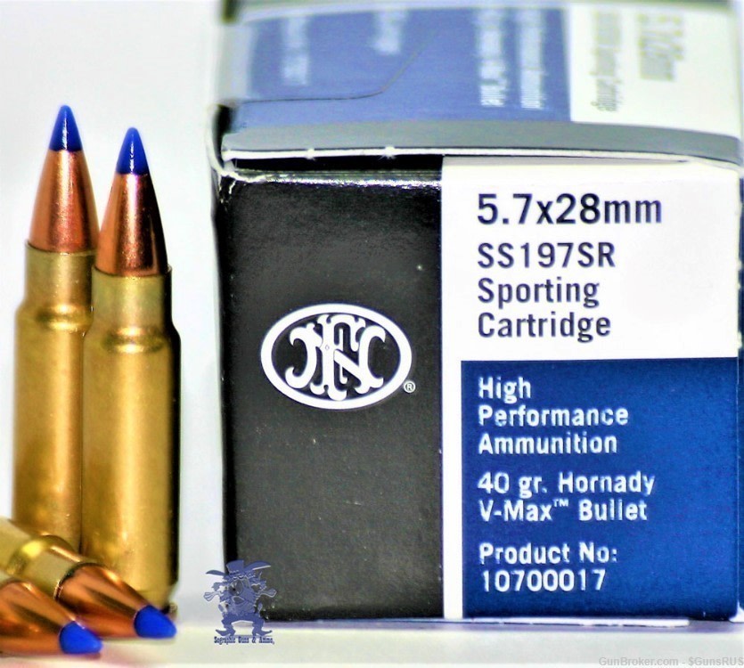 5.7 x 28 FNH SS 197 SR 40 Gr V-Max High Performance  BLUETIP Ammo 50 Rounds-img-0