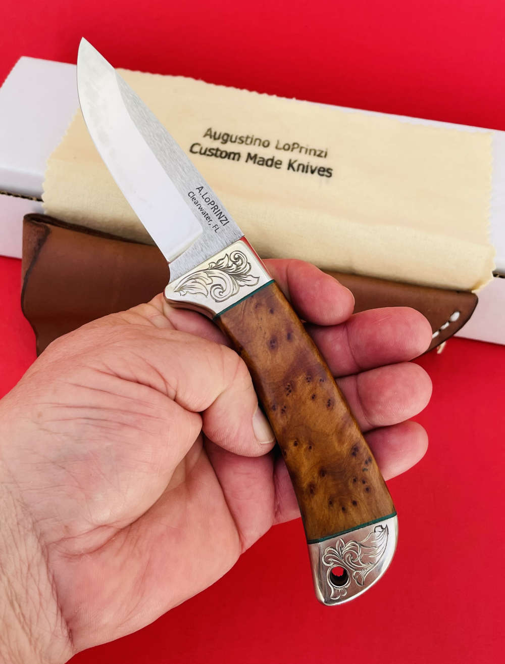 Augie LoPrinzi Master Engraved Hand Made Thuya Burl Hunter Knife -img-32