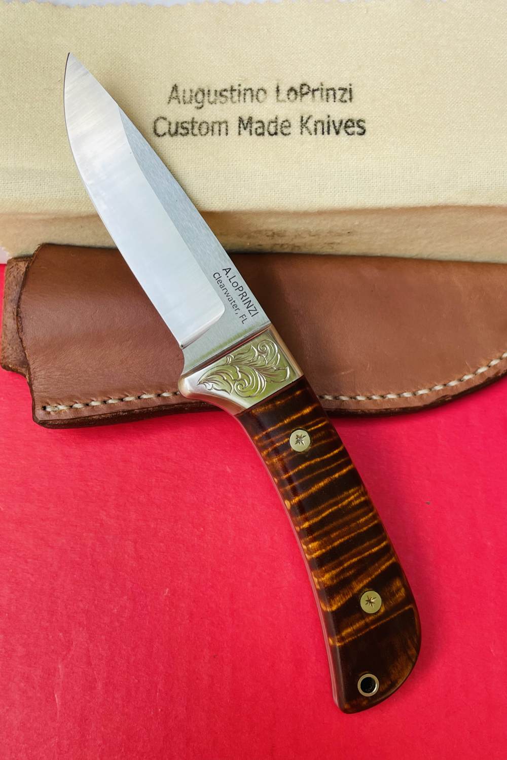 Augie LoPrinzi Hand Made Master Engraved Hunter Tiger Maple Knife -img-0