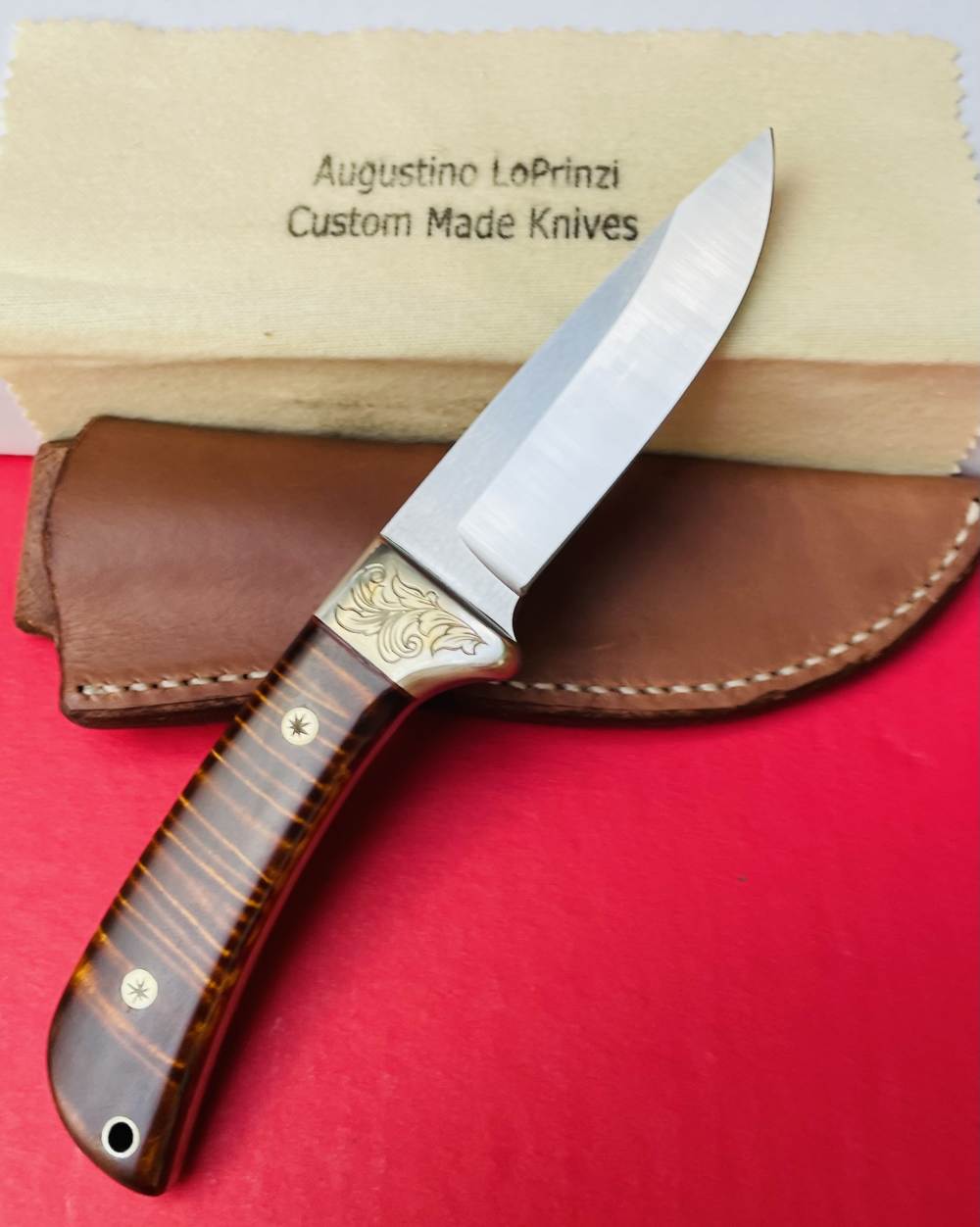 Augie LoPrinzi Hand Made Master Engraved Hunter Tiger Maple Knife -img-2