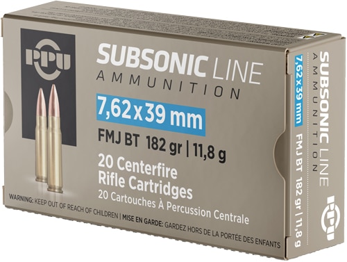 PPU PPS76239 Subsonic 7.62x39mm 182gr Full Metal Jacket Boat Tail 20 Per Bo-img-1