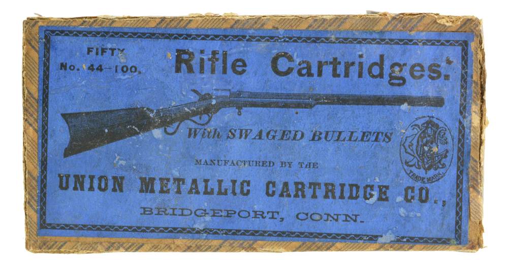 Rare Full Union Metallic Cartridge Co. 44 Long Rim Fire Ammo Dog's Head Log-img-0