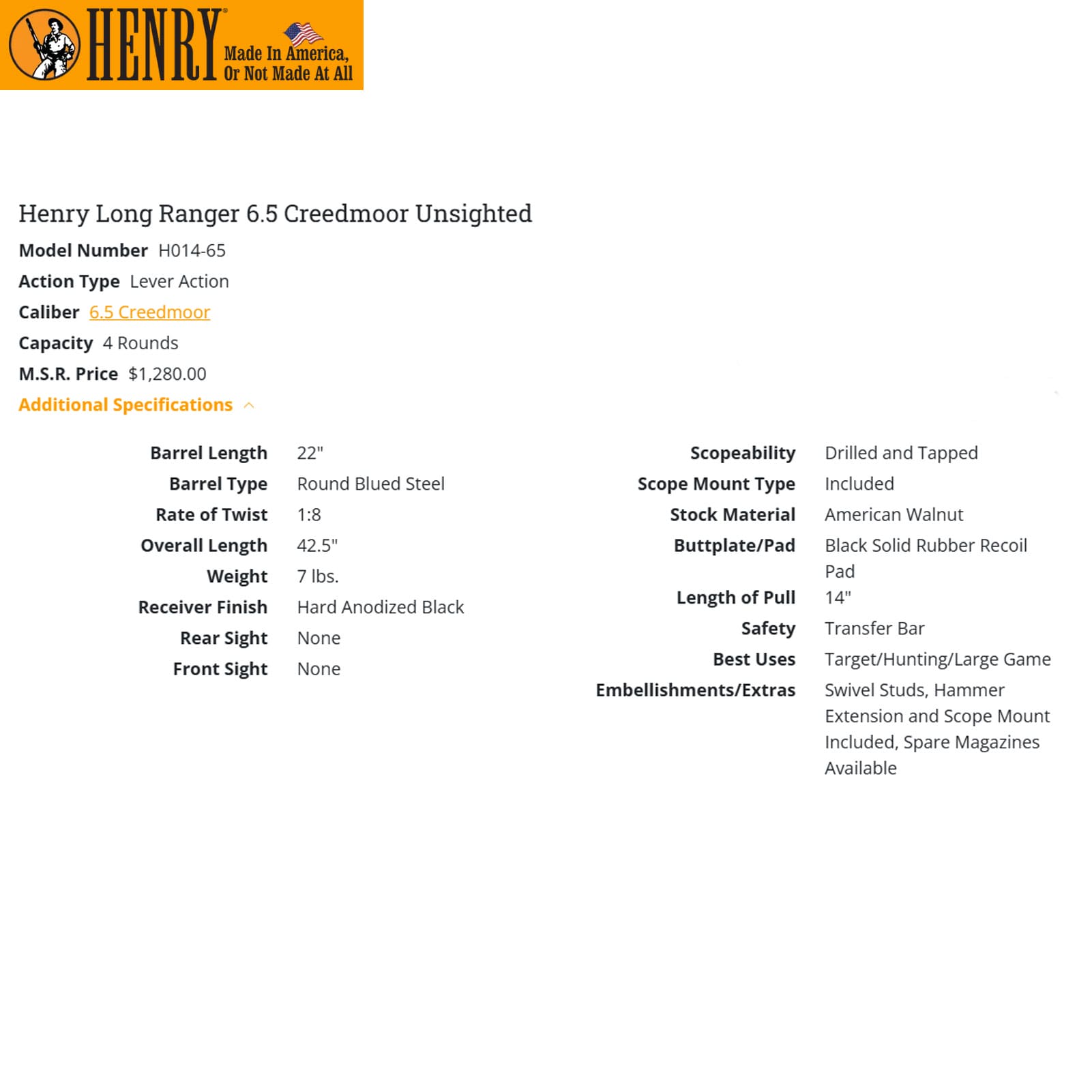 HENRY REPEATING ARMS Long Ranger 6.5mm Creedmoor 22in 4rd Rifle (H014-65)-img-2