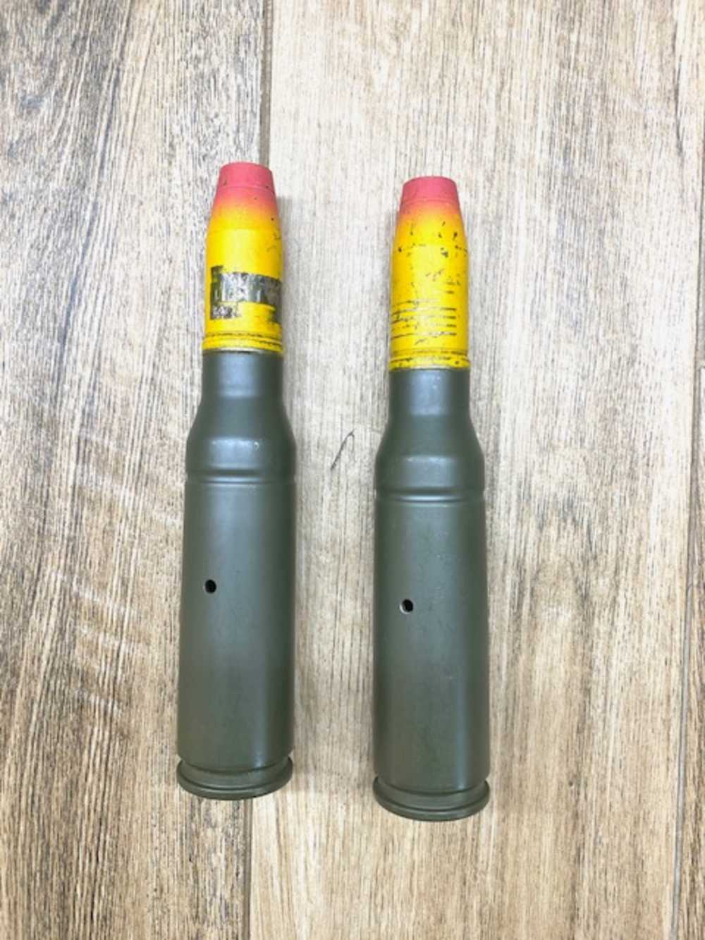 Pair 25mm HEI INERT Bradley AFV Artillery Cannon Shell Projectile No Fuze -img-0