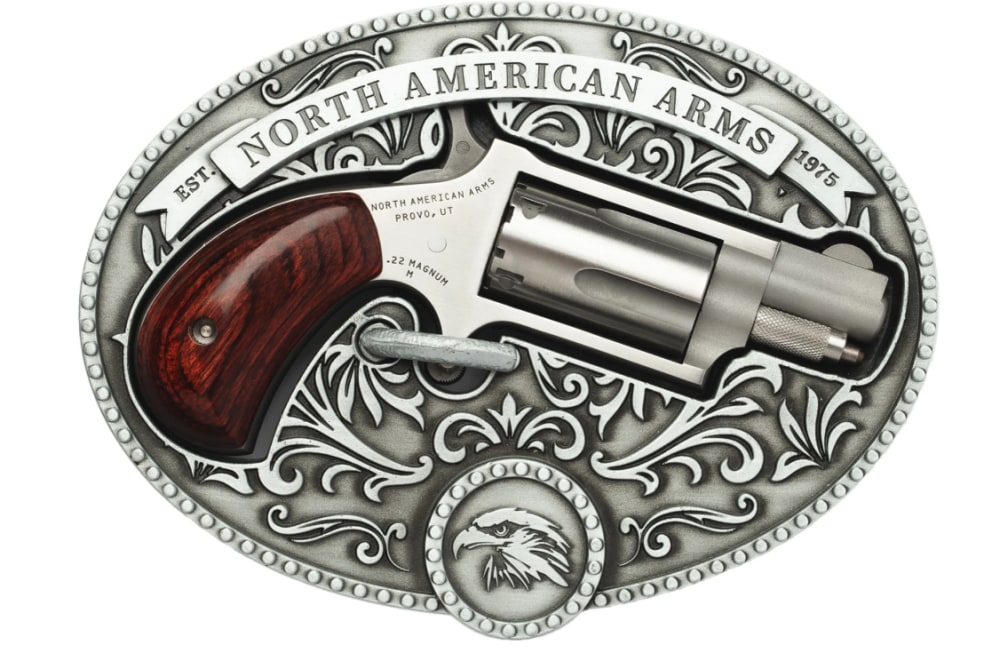 NORTH AMERICAN ARMS MINI-REVOLVER CHUCKWAGON ORNATE BELT BUCKLE 22WMR 1.13"-img-0