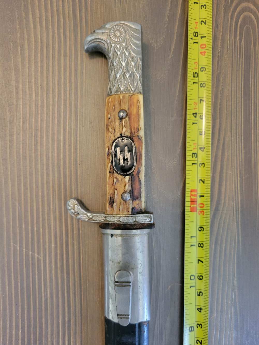 World War II German Stag Handle Eagle Head Bayonet w/SS Oval Carl Eickhorn-img-0