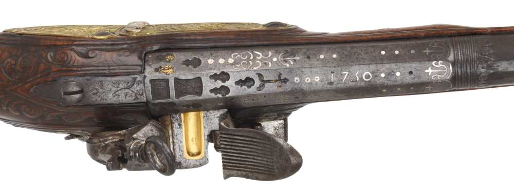Fancy Deeply Chiseled Tuscan Style "Madrid Lock" Flintlock Pistol Ca. 1750-img-7
