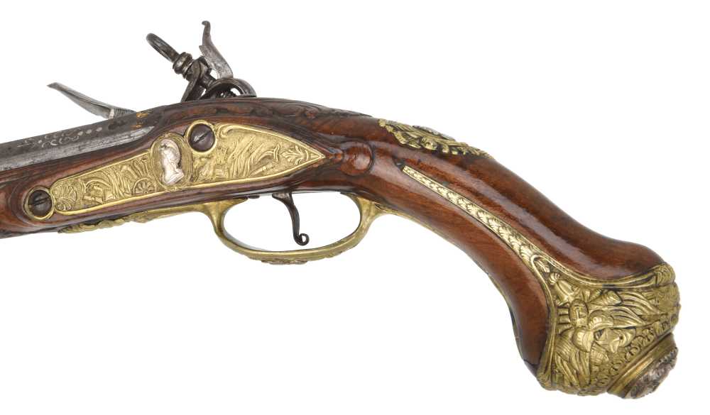 Fancy Deeply Chiseled Tuscan Style "Madrid Lock" Flintlock Pistol Ca. 1750-img-2