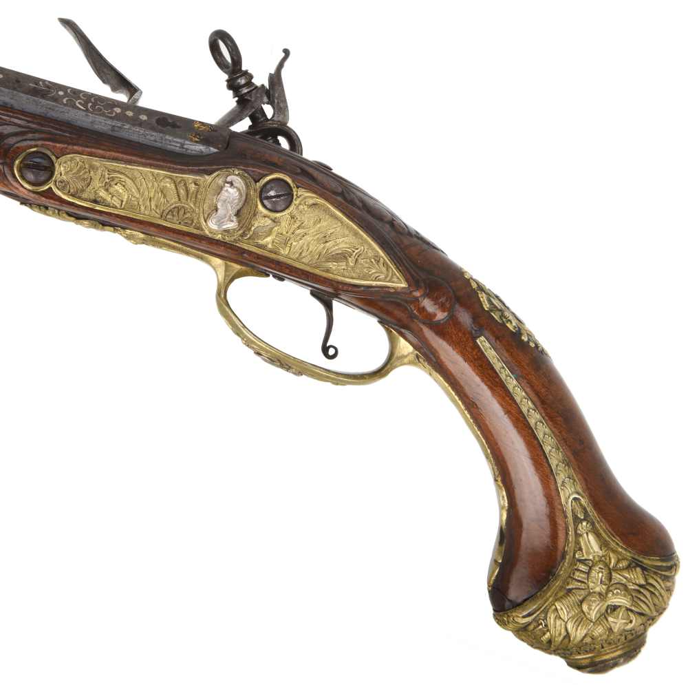 Fancy Deeply Chiseled Tuscan Style "Madrid Lock" Flintlock Pistol Ca. 1750-img-8