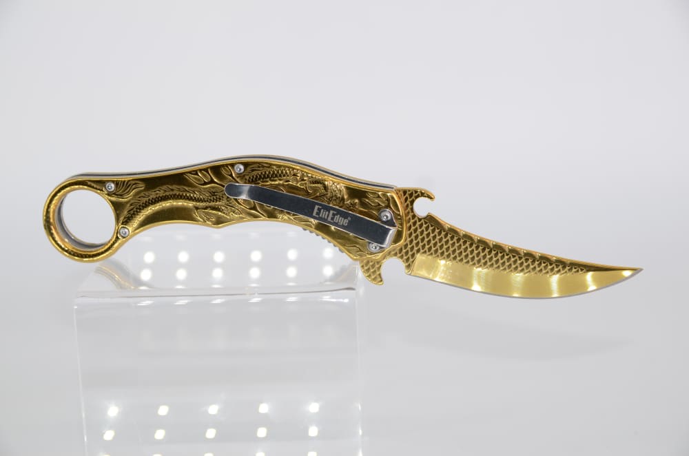 GOLD Dragon Sculpture 8.25” Karambit Tactical Open-Assisted Knife-img-1