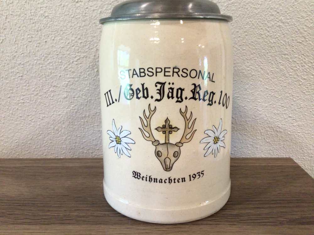 Original WWII German Mountain Division Stein W/Hat on Lid - Mint & Rare-img-3