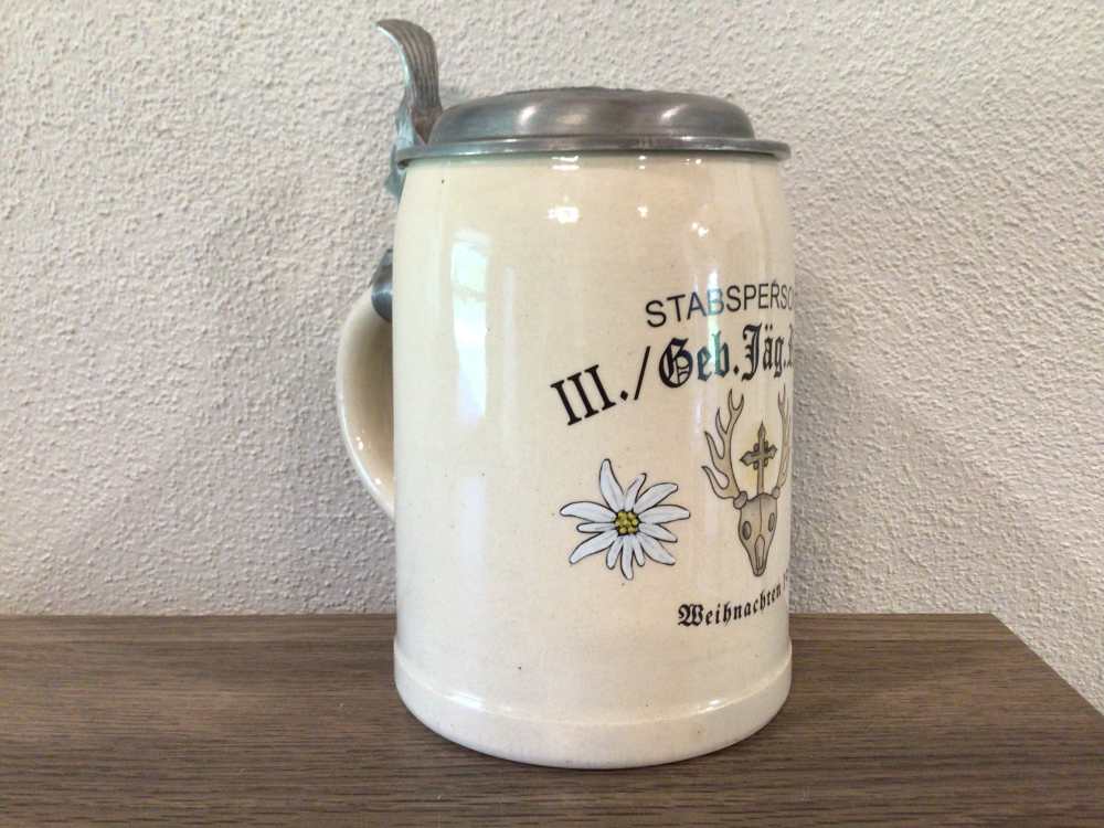 Original WWII German Mountain Division Stein W/Hat on Lid - Mint & Rare-img-2