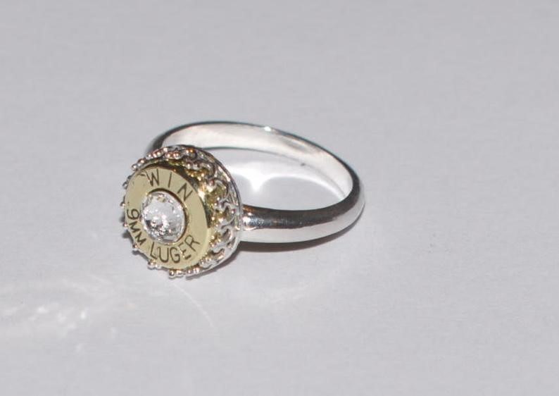 Winchester 9mm Pistol Sz.7 Ring Sterling Silver 925 Swarovski Crystal-img-0