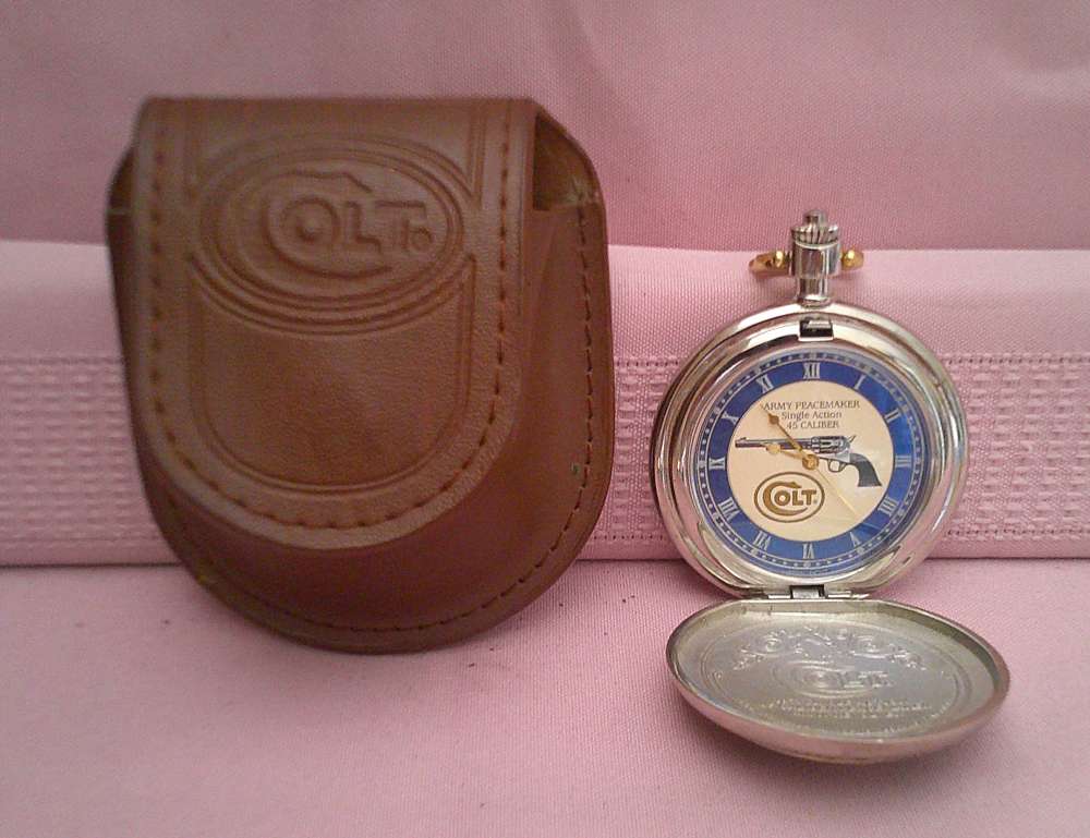 Franklin Mint Colt Peacemaker Pocket Watch 24K Gold Accents Mfg 1993 works!-img-0