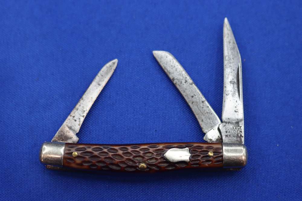 Vintage Schrade Walden NY USA 834 Stockman Pocket Knife Jigged Bone 3-Blade-img-0