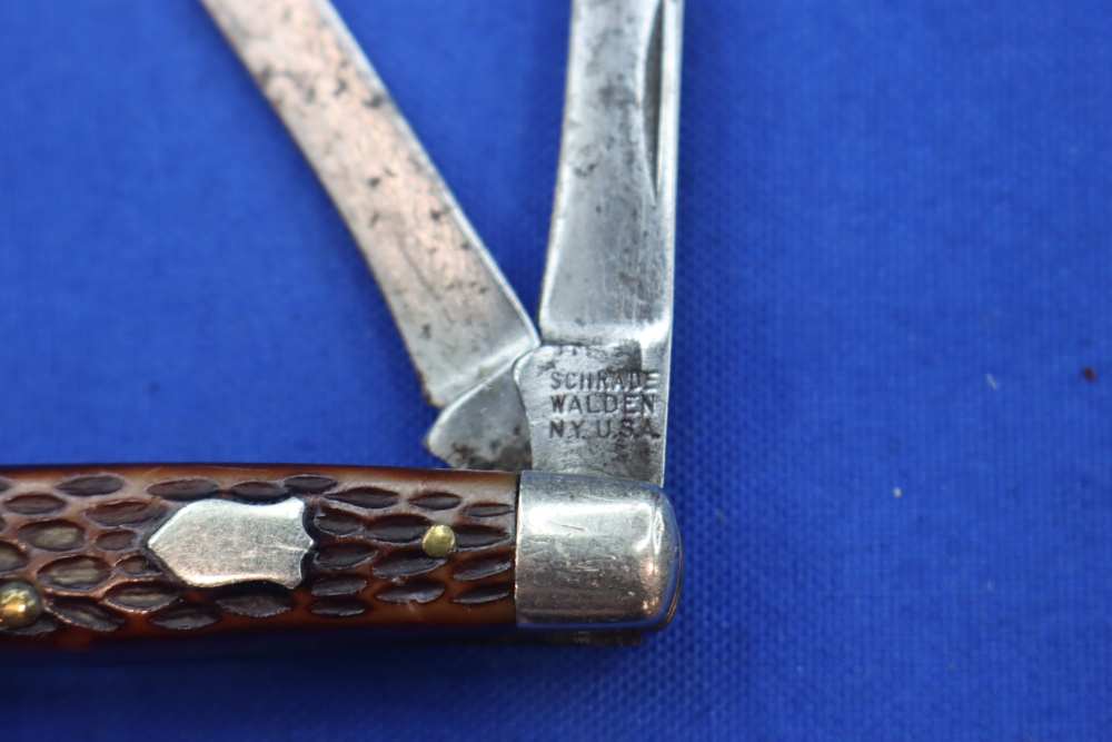 Vintage Schrade Walden NY USA 834 Stockman Pocket Knife Jigged Bone 3-Blade-img-1