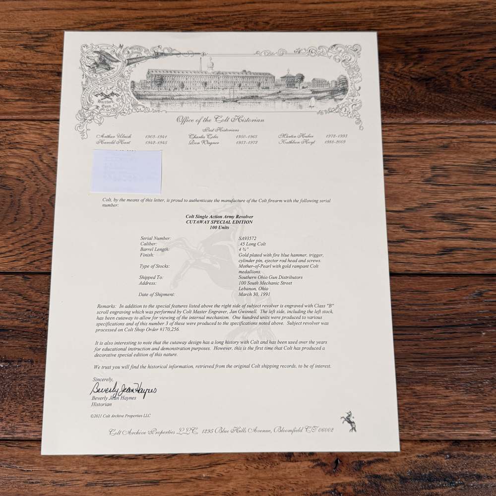 Colt SAA 1 of 3 Gold Engraved Cutaway Fire Blue Pearl NIB Factory Letter-img-58
