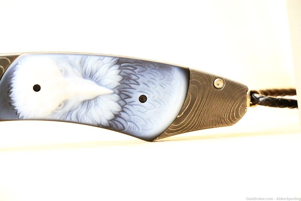 William Henry Spearpoint Dignity, Damascus Blade Carved Banded Agate Handle-img-9