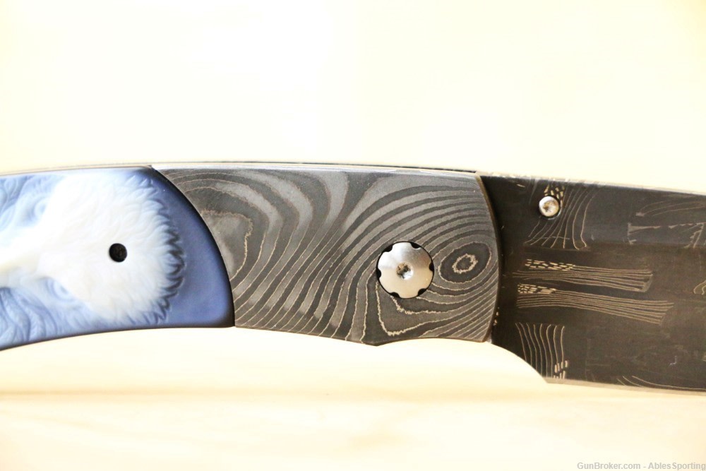 William Henry Spearpoint Dignity, Damascus Blade Carved Banded Agate Handle-img-3