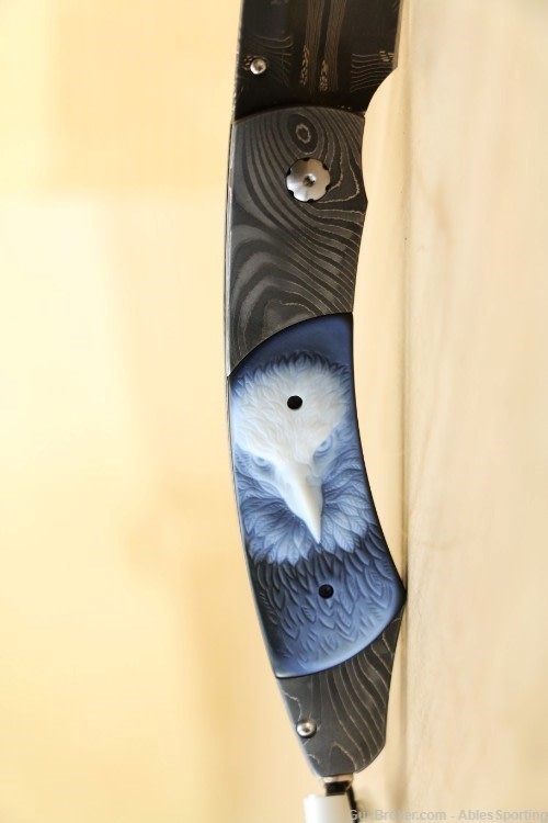 William Henry Spearpoint Dignity, Damascus Blade Carved Banded Agate Handle-img-1