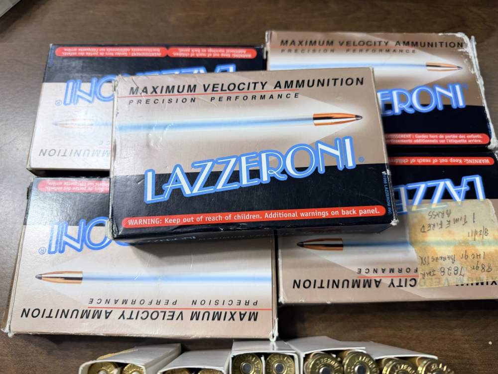 Lazzeroni 7.21 firebird ammo & brass lot. 28 rounds 72 pieces brass -img-1