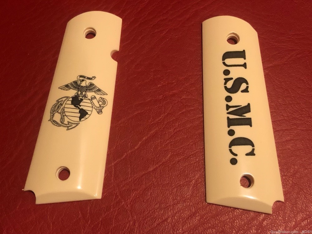 Ajax Grips Ivory Polymer Colt 1911 U.S.M.C. SEMPER FIDELIS NOS-img-1