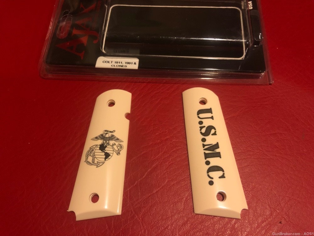 Ajax Grips Ivory Polymer Colt 1911 U.S.M.C. SEMPER FIDELIS NOS-img-0