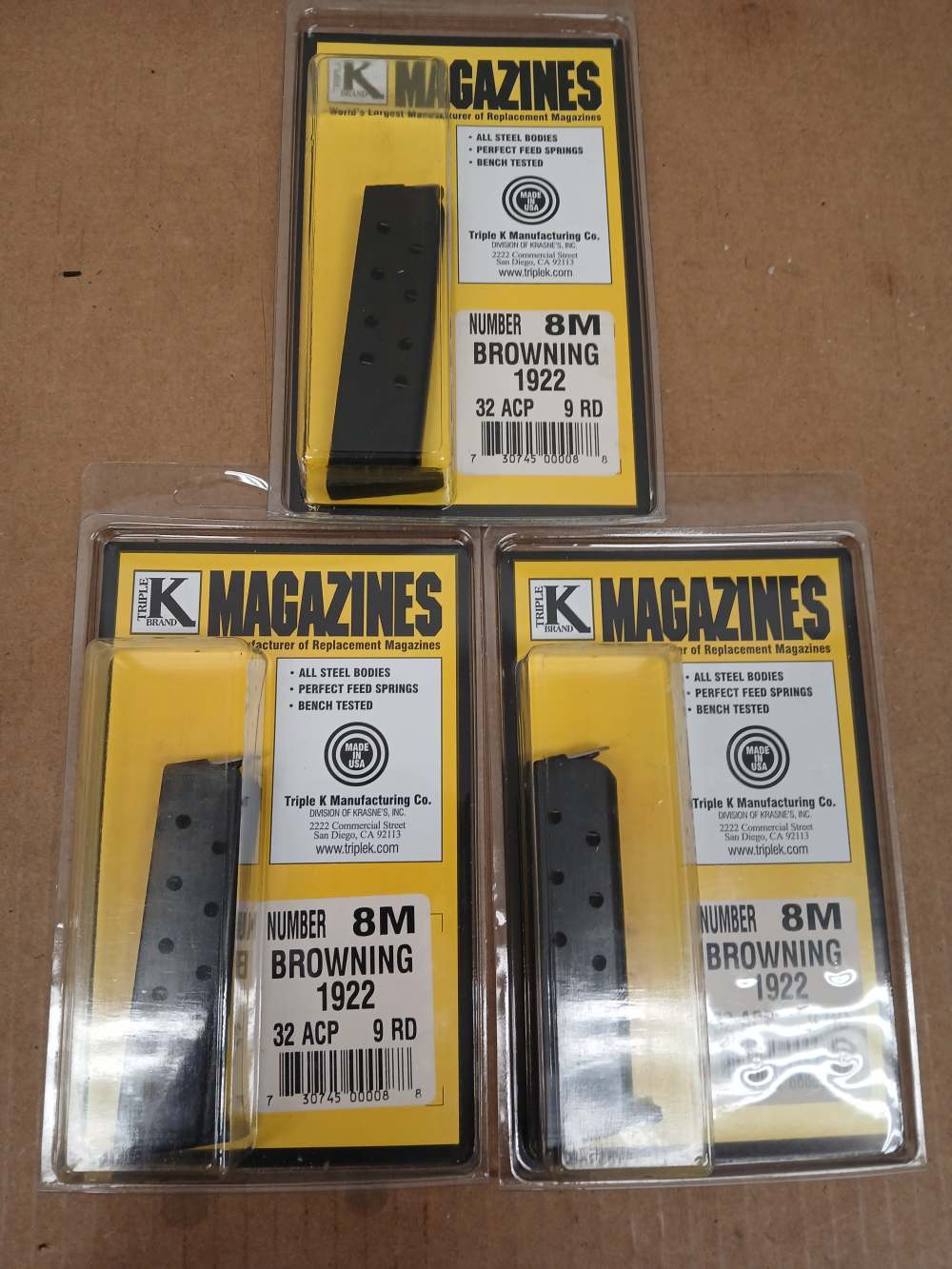 TripleK Model 8M, 9 rd mag for .32 ACP Browning 1922, NOS Three Mags-img-0