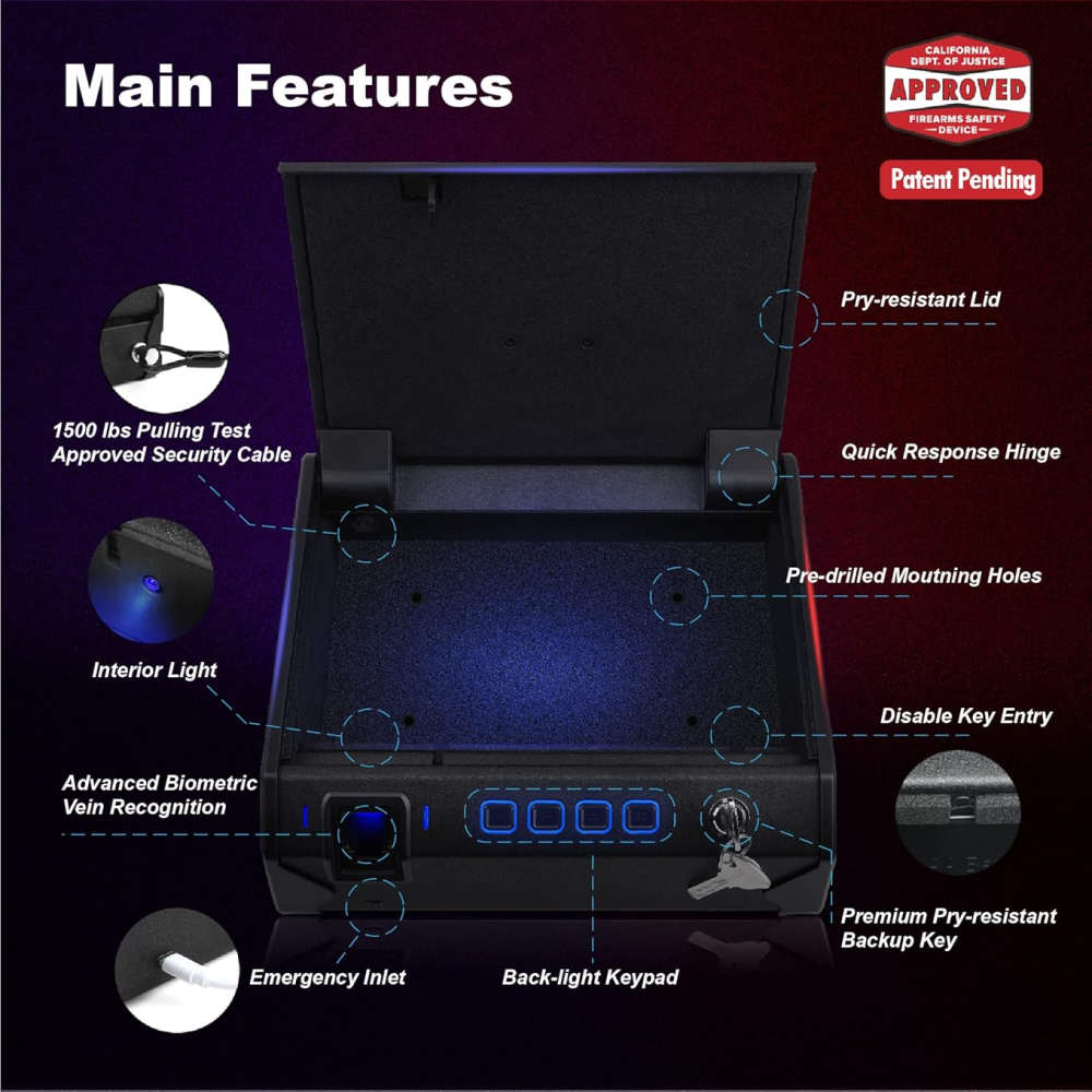 Pistol Gun Safe w/Non-Fingerprint 3d Biometric Scanner Entry 13"x10"x4" A29-img-2