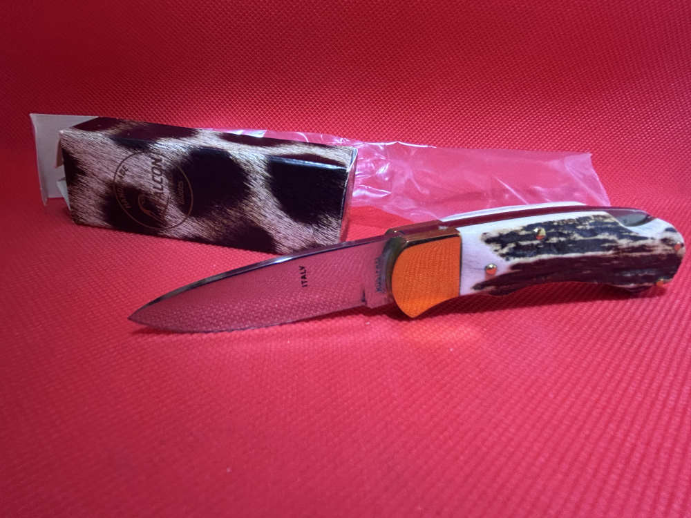 Vintage Falcon Famous Blades Italy Medium Stag Lockback Pocket Knife NOS-img-1
