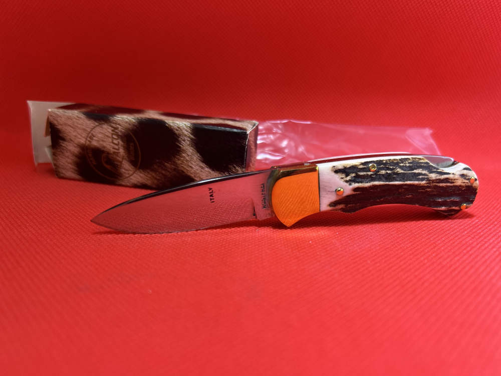 Vintage Falcon Famous Blades Italy Medium Stag Lockback Pocket Knife NOS-img-0
