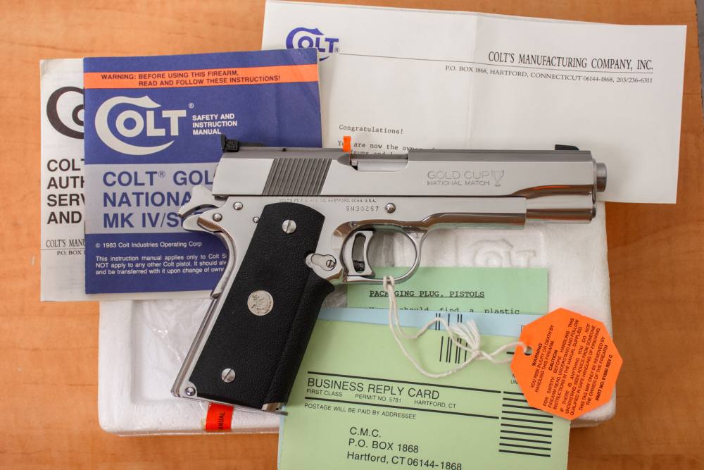 As-New Bright Stainless Colt Gold Cup National Match Pistol 45 ACP 1990 NIB-img-0