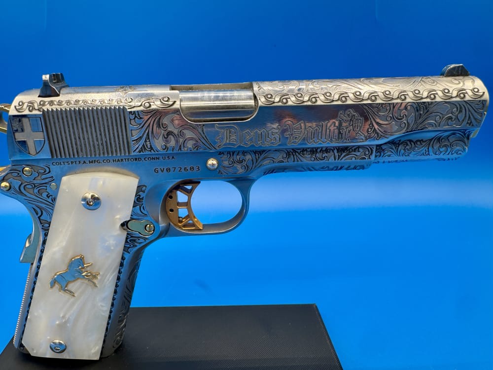 Colt 1911 Government Polished SS with GOLD trim Custom ENGRAVED-img-20