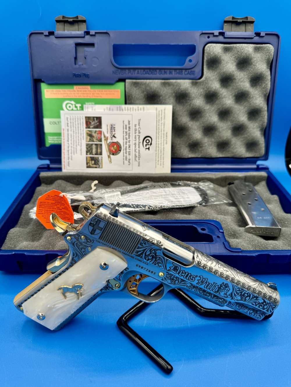 Colt 1911 Government Polished SS with GOLD trim Custom ENGRAVED-img-0