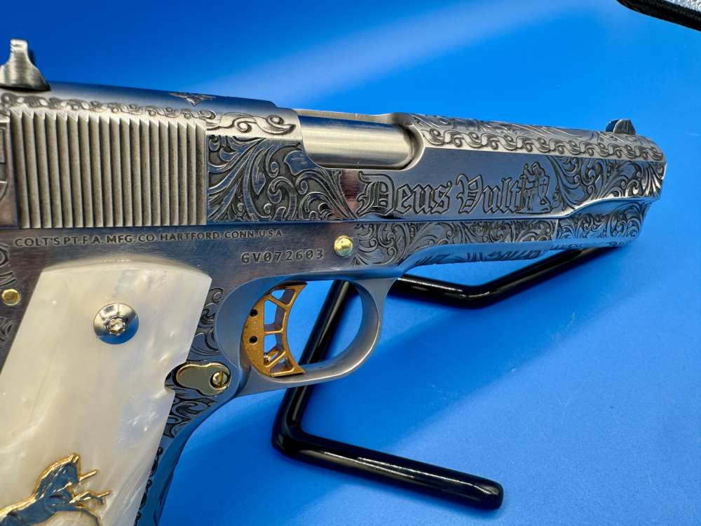 Colt 1911 Government Polished SS with GOLD trim Custom ENGRAVED-img-3