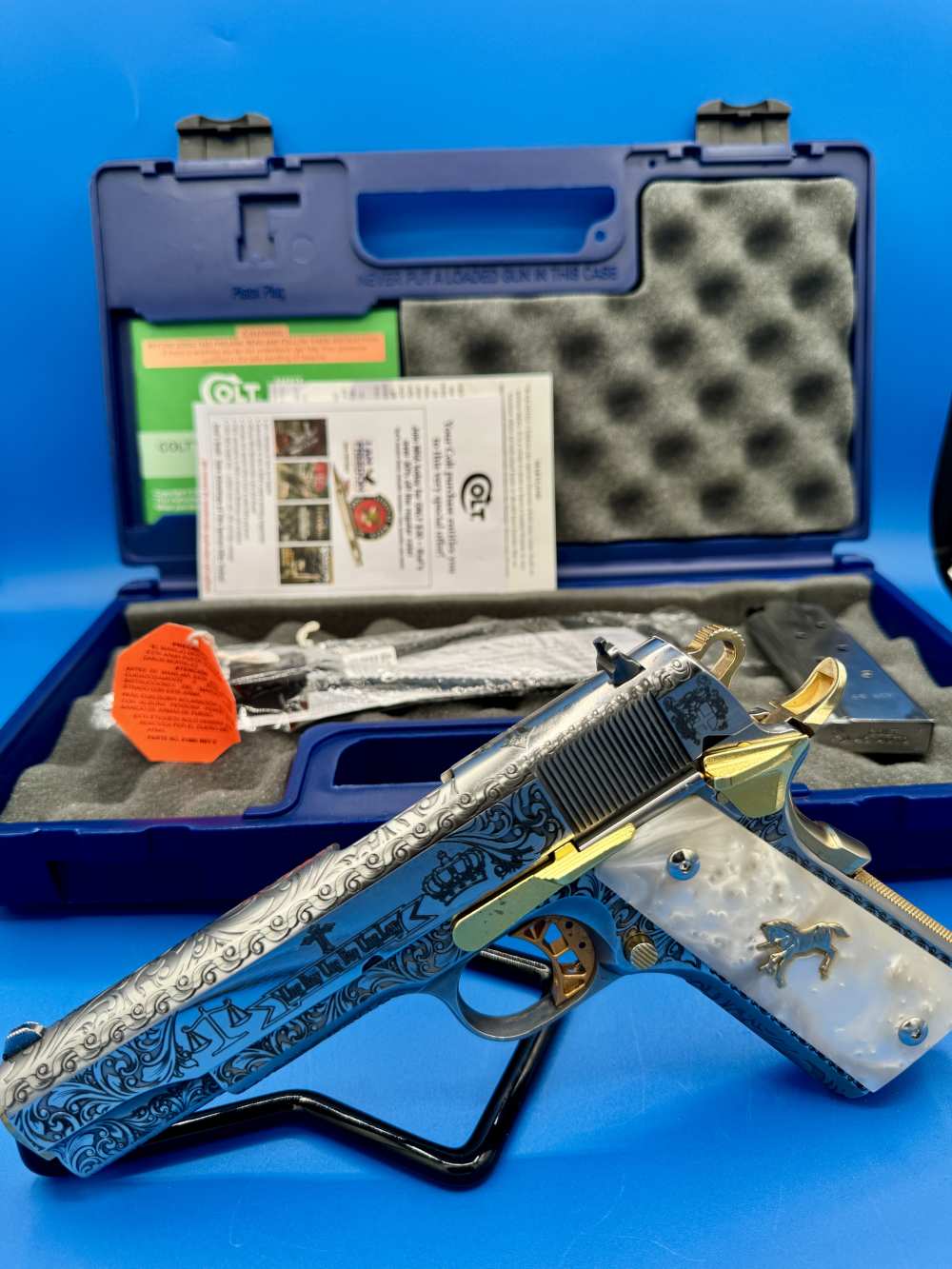Colt 1911 Government Polished SS with GOLD trim Custom ENGRAVED-img-1