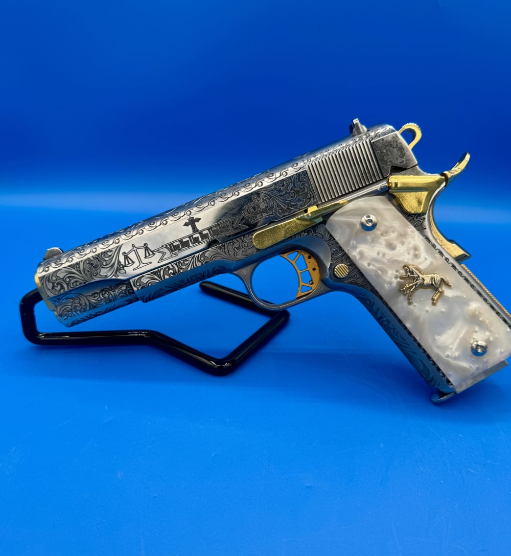 Colt 1911 Government Polished SS with GOLD trim Custom ENGRAVED-img-2