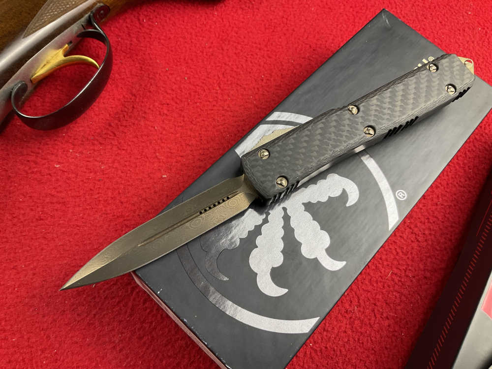 Rare new Microtech bronzed Damascus ultratech otf knife automatic carbon f-img-0