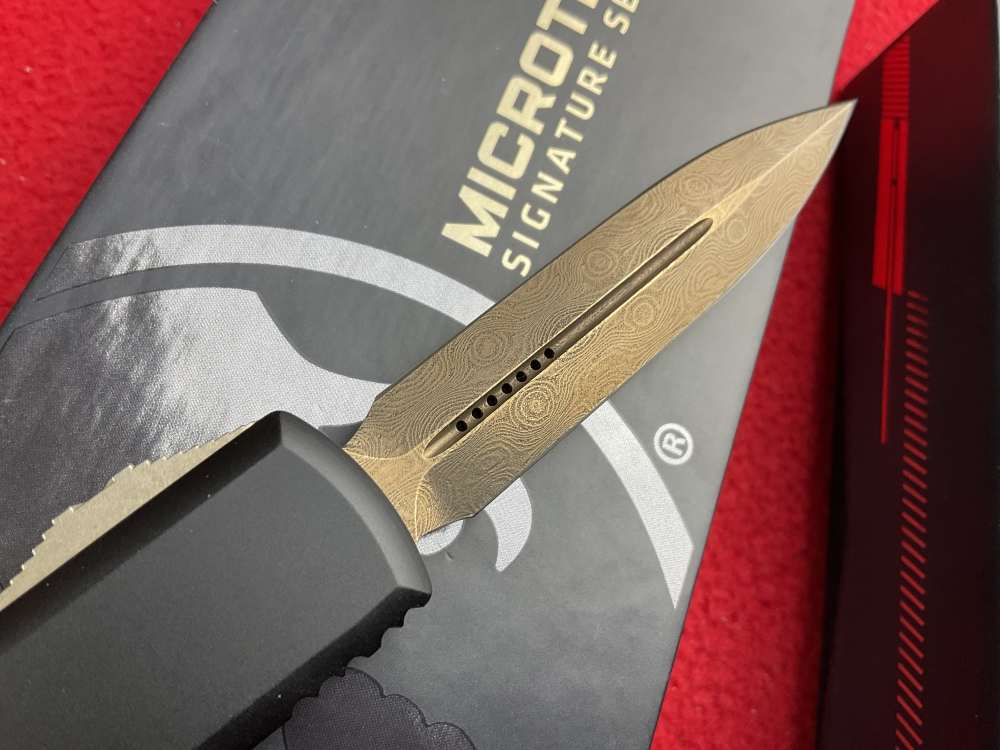 Rare new Microtech bronzed Damascus ultratech otf knife automatic carbon f-img-5
