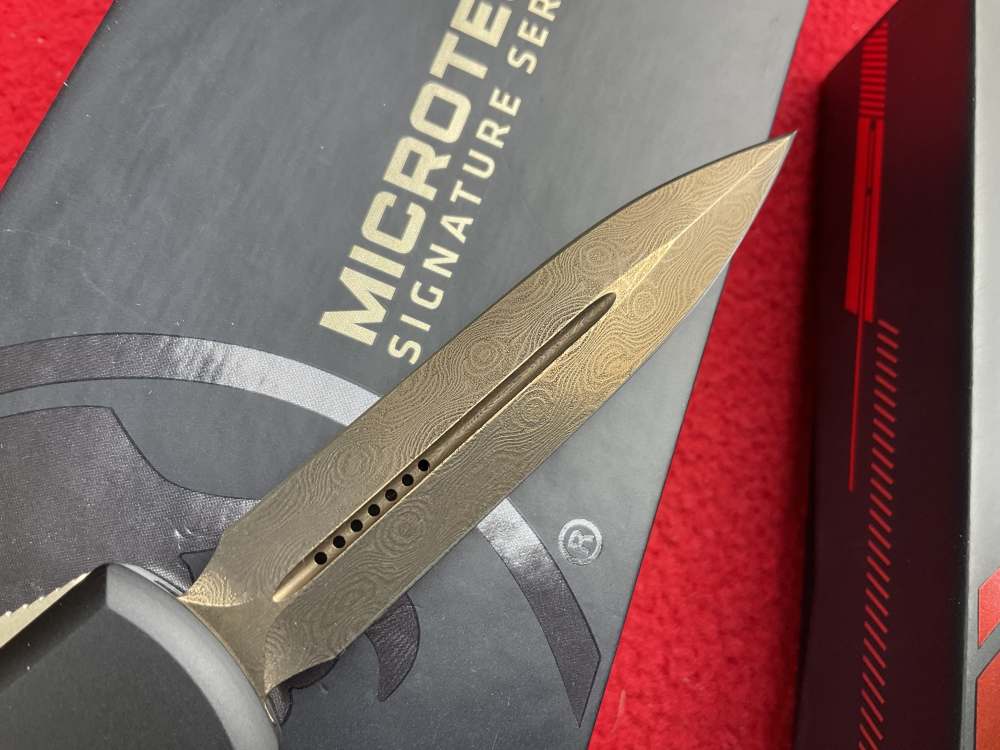 Rare new Microtech bronzed Damascus ultratech otf knife automatic carbon f-img-4